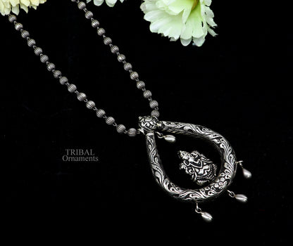Indian traditional Ganesha pendant and beaded sterling silver necklace set, tribal ethnic jewelry with intricate design.