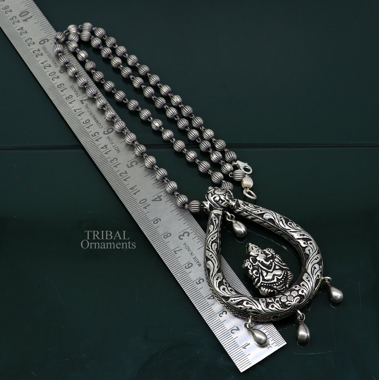 Indian traditional cultural style trendy 925 sterling silver Ganesha pendant with beaded necklace, choker tribal ethnic jewellery set338 - TRIBAL ORNAMENTS