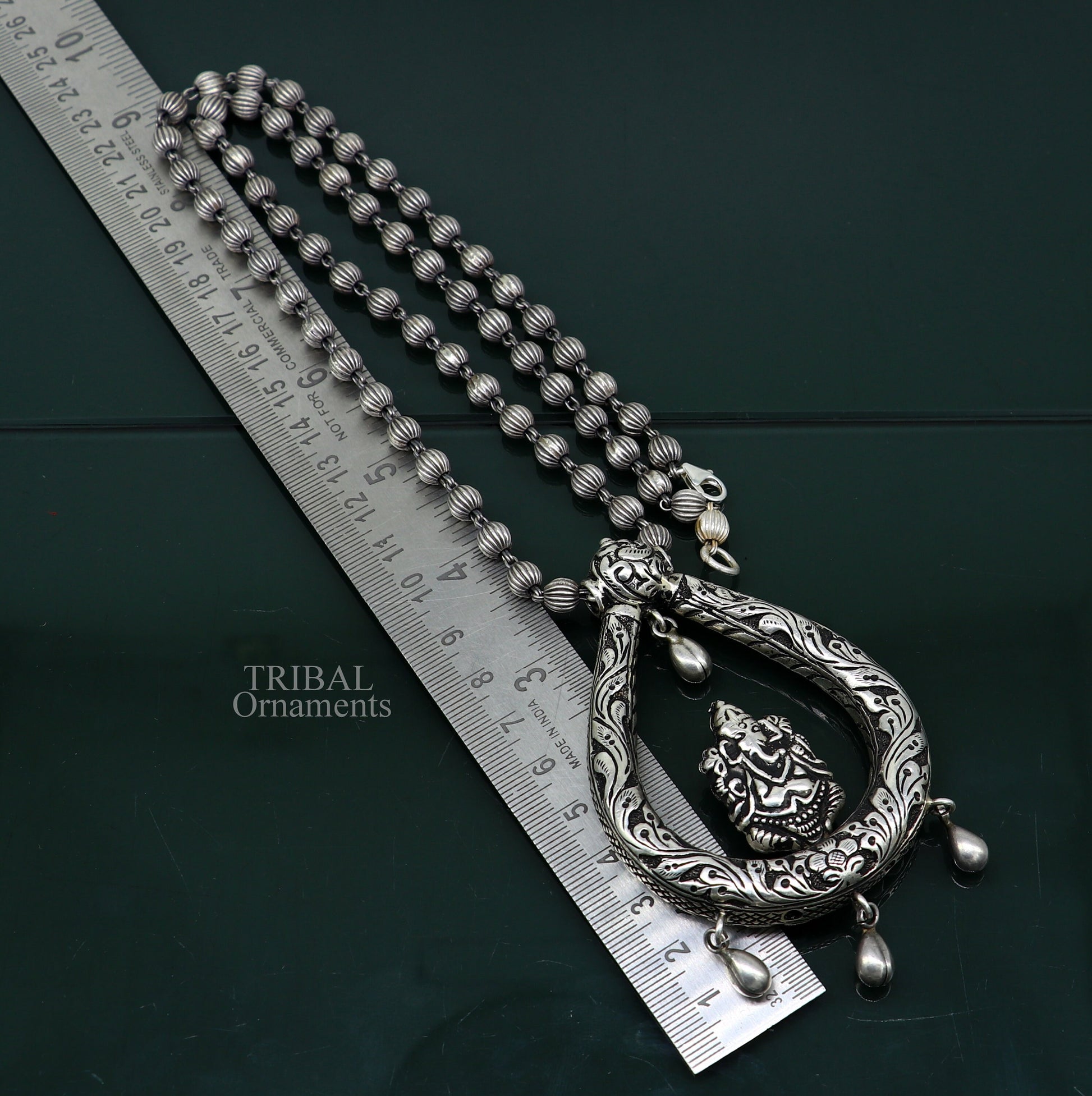 Indian traditional cultural style trendy 925 sterling silver Ganesha pendant with beaded necklace, choker tribal ethnic jewellery set338 - TRIBAL ORNAMENTS