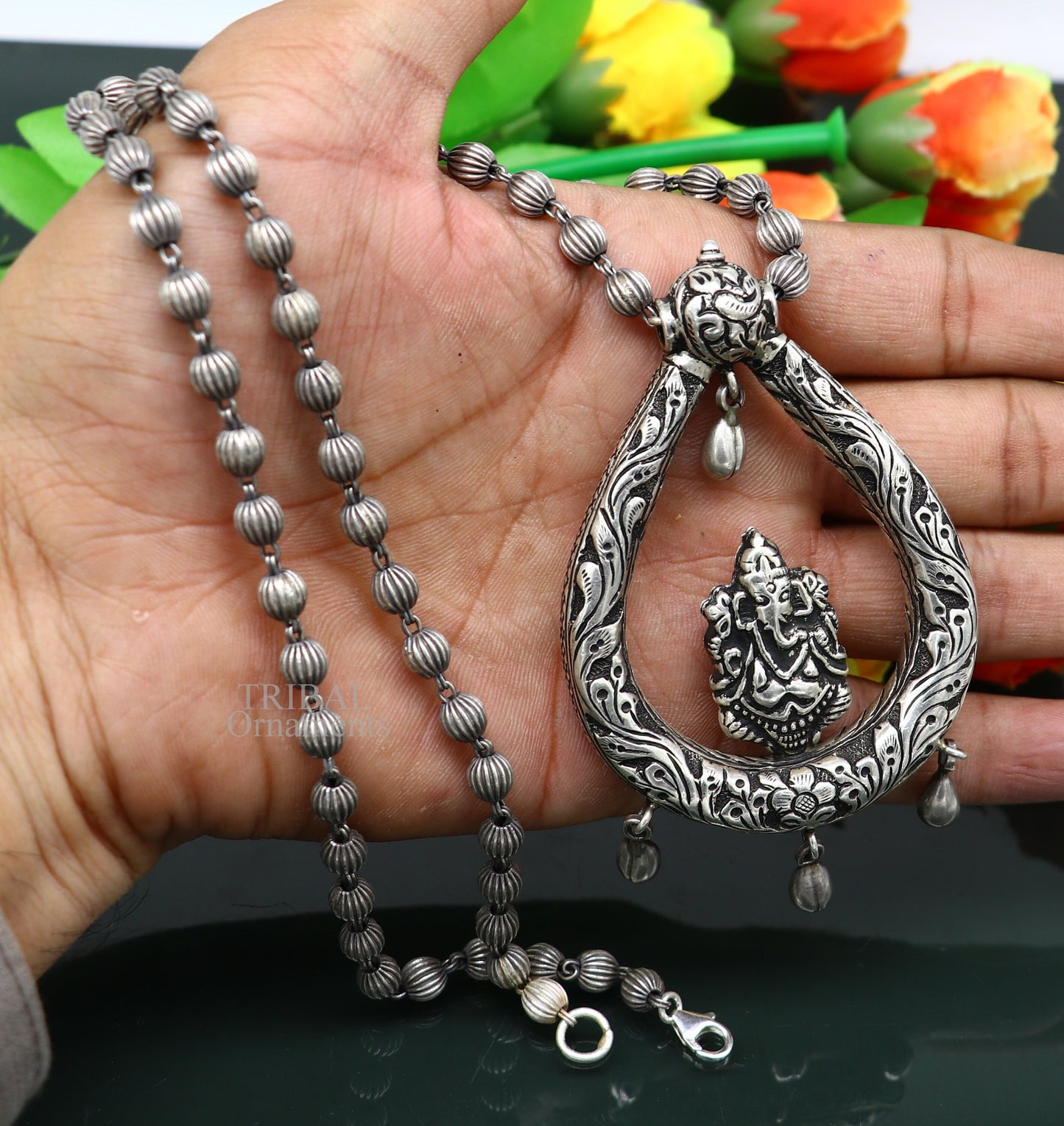 Indian traditional cultural style trendy 925 sterling silver Ganesha pendant with beaded necklace, choker tribal ethnic jewellery set338 - TRIBAL ORNAMENTS