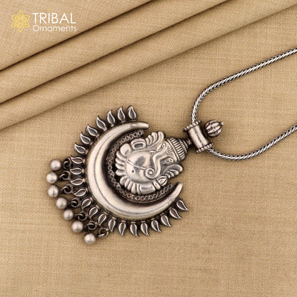 Sterling silver Lord Ganesha pendant with hanging bells, tribal jewelry design, necklace accessory by TRIBAL ORNAMENTS.