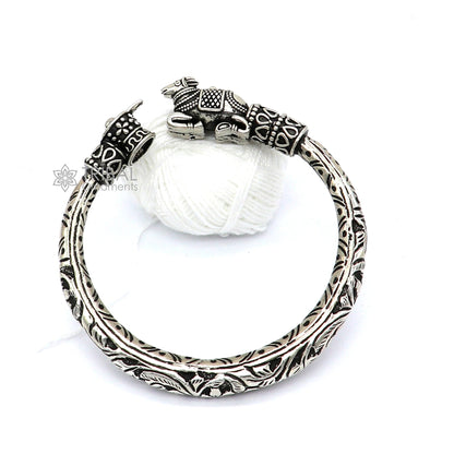 Sterling silver Lord Shiva Lingam with Nandi Maharaj design handmade bangle bracelet, tribal ornament style.