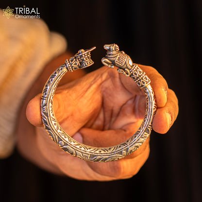 Sterling silver Lord Shiva Lingam with Nandi Maharaj design bangle bracelet, handcrafted tribal ornament jewelry.