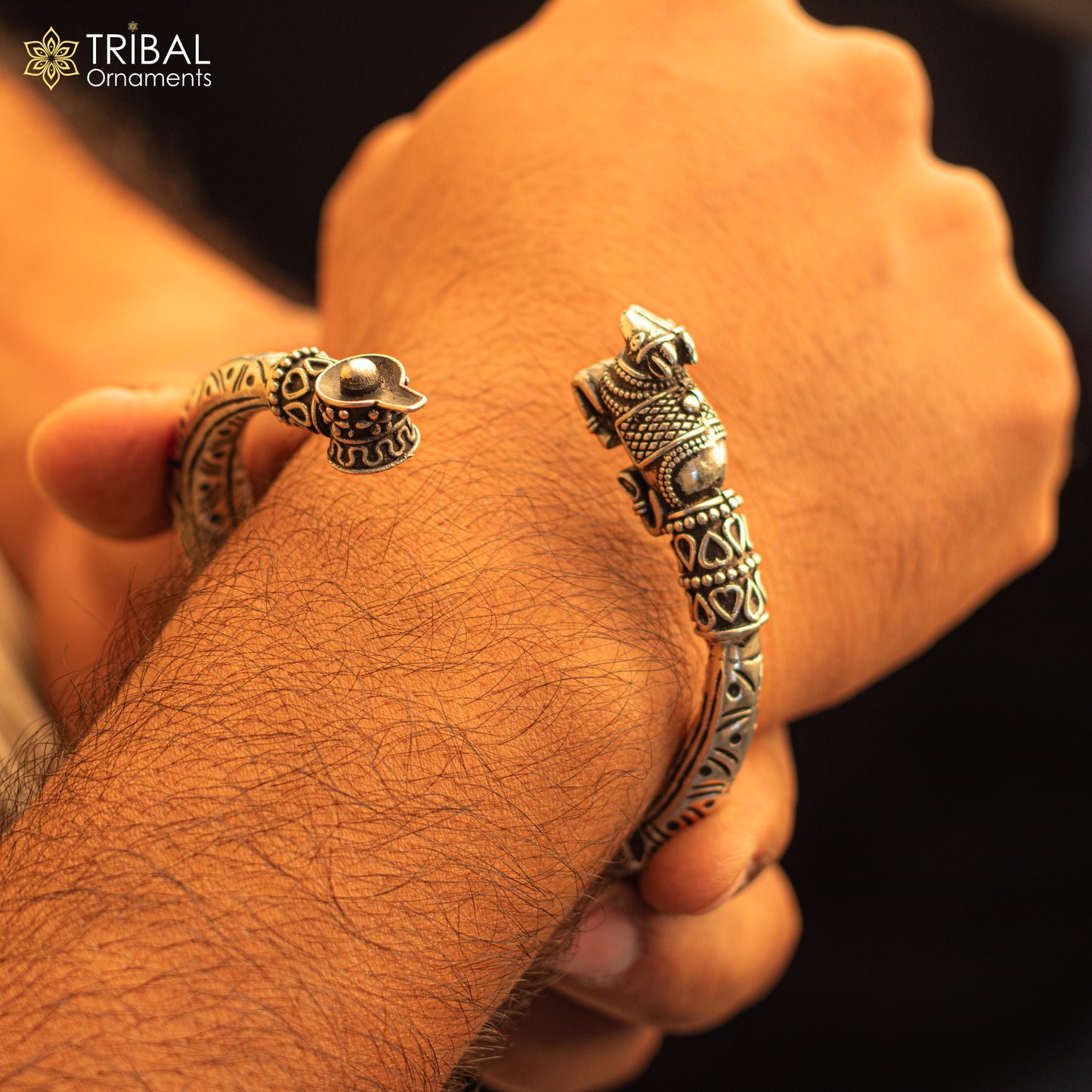 Lord Shiva lingam With Nandi maharaj design 925 sterling silver handmade bangle bracelet kada nsk821 - TRIBAL ORNAMENTS