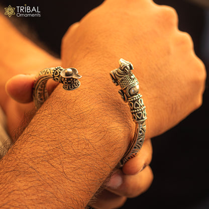 Sterling silver Lord Shiva lingam with Nandi Maharaj design bangle bracelet, handmade tribal ornament jewelry.