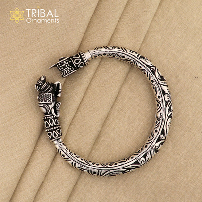 Sterling silver Lord Shiva Lingam with Nandi Maharaj design bangle bracelet, handmade tribal ornament jewelry.