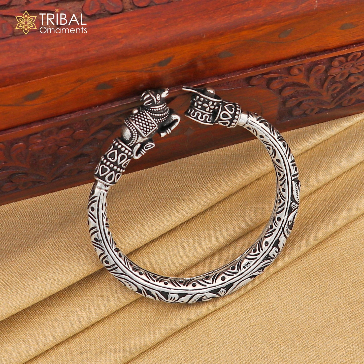 Lord Shiva lingam With Nandi maharaj design 925 sterling silver handmade bangle bracelet kada nsk821 - TRIBAL ORNAMENTS