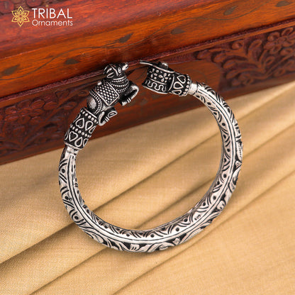Sterling silver Lord Shiva lingam and Nandi Maharaj design bangle bracelet, handmade, traditional Indian jewelry by Tribal Ornaments.