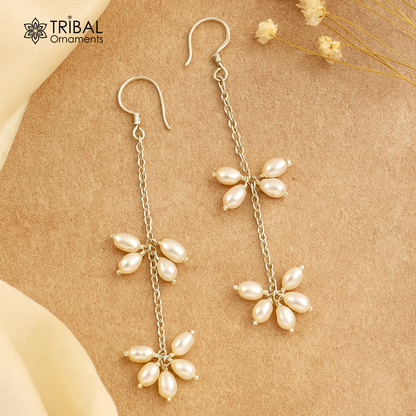 Natural oval-shaped pearl hangings on 925 sterling silver hoops, elegant bridal jewelry by TRIBAL ORNAMENTS.