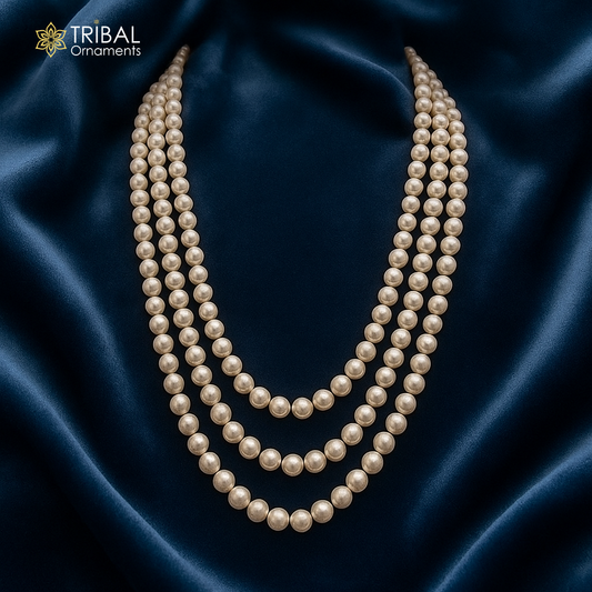Natural real pearl 3 line layer string beaded necklace set gorgeous women's jewelry pnec010 - TRIBAL ORNAMENTS