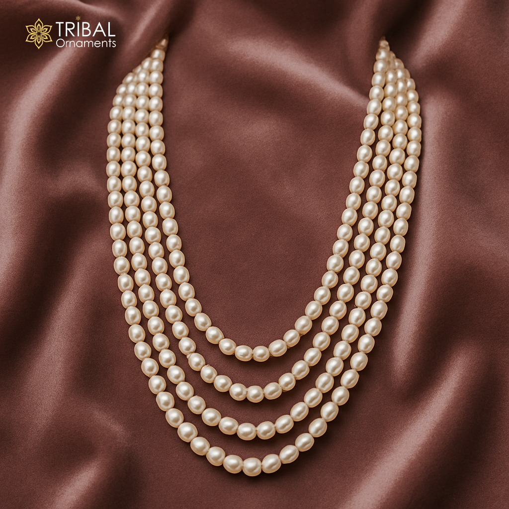 Natural real pearl 4 line layer string beaded necklace set gorgeous women's jewelry pnec011 - TRIBAL ORNAMENTS