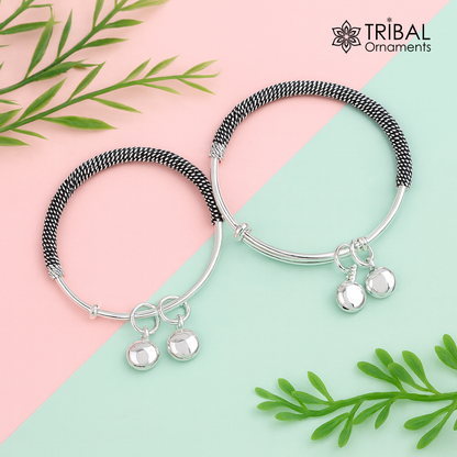 Sterling silver adjustable baby bangles with charms, tribal-inspired oxidized jewelry for newborns and kids, stylish and pretty.