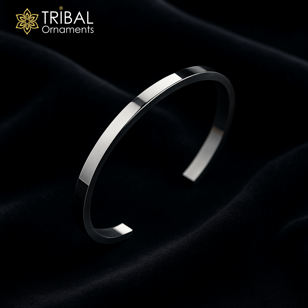 Obliq style shiny 925 pure silver men's bangle cuff bracelet with a plain design, crafted by TRIBAL ORNAMENTS.