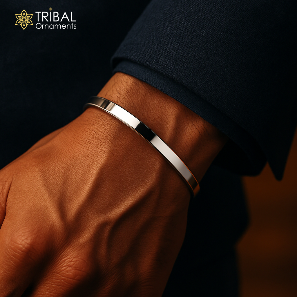 Shiny Obliq style plain 925 sterling silver men's bangle cuff bracelet with smooth finish and modern design.