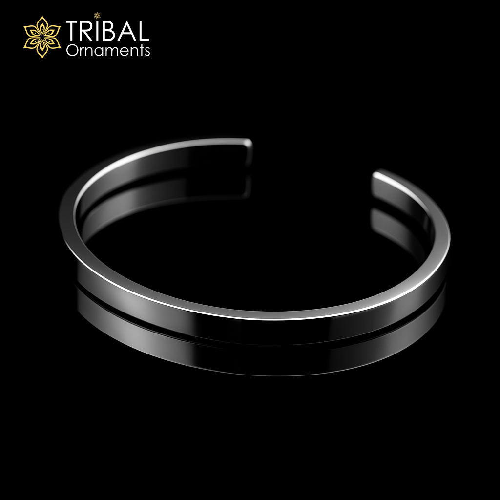 Obliq style plain shiny 925 silver bangle cuff for men, tribal ornaments jewelry, minimalist silver kada bracelet.