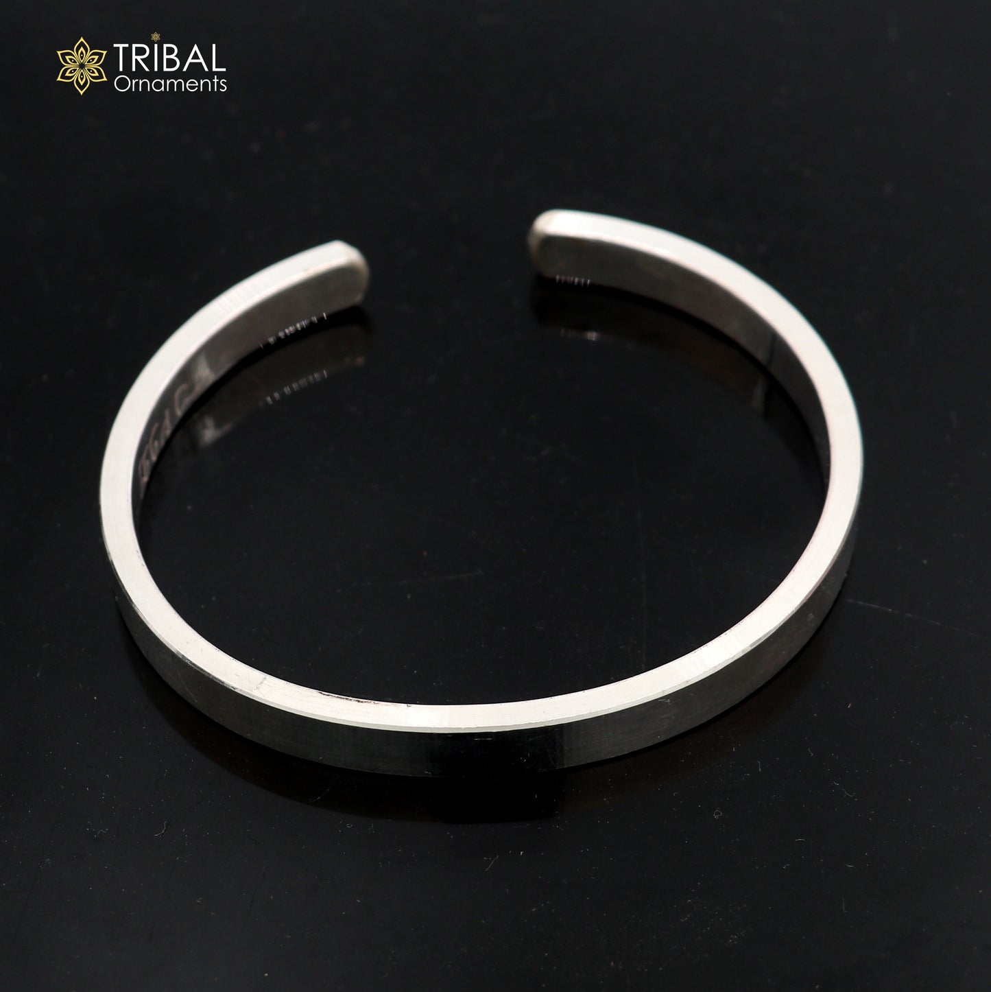 Shiny 925 silver men's cuff bracelet in Obliq style with a plain design, part of Tribal Ornaments jewelry collection.