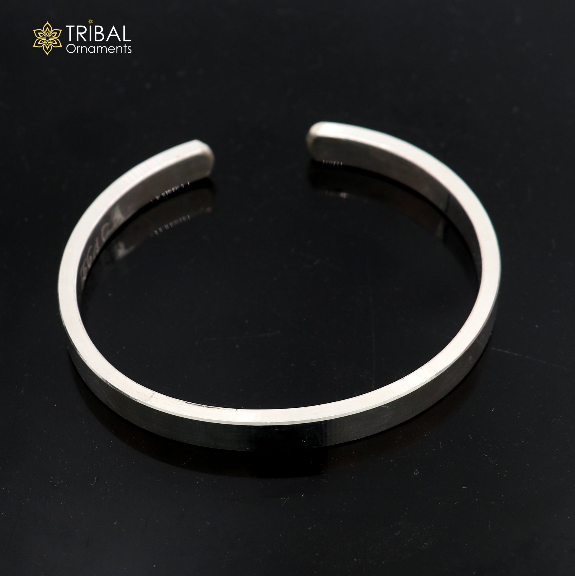 Shiny 925 silver men's cuff bracelet in Obliq style with a plain design, part of Tribal Ornaments jewelry collection.