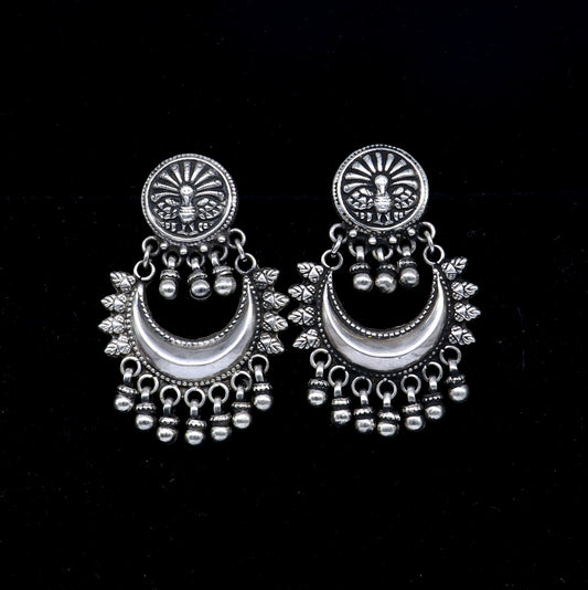 Oxidized 925 sterling silver tribal earrings with half moon design, stud earrings with hanging bells, perfect for wedding or party jewelry.