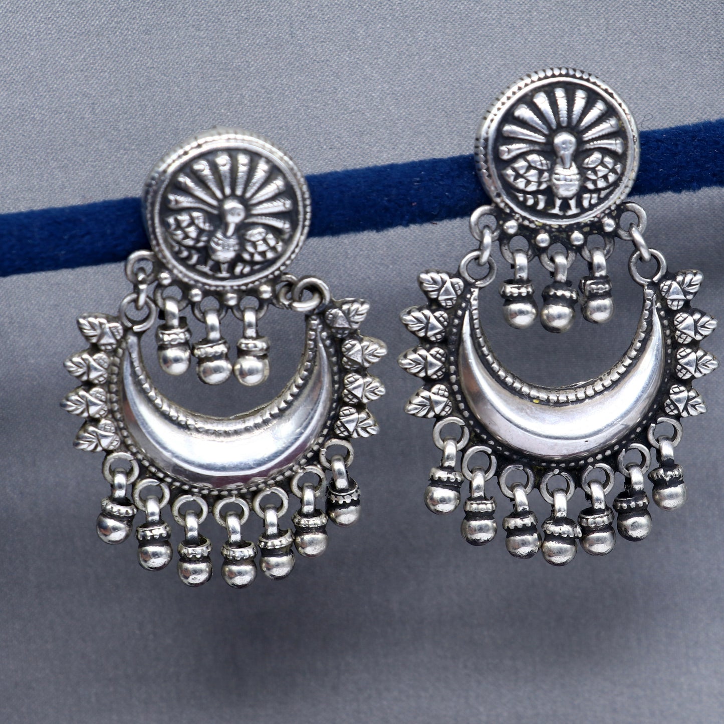 Oxidized 925 sterling silver tribal Earrings,half moon earrings, stud earring hanging bells, drop dangle jewelry wedding party jewelry s380 - TRIBAL ORNAMENTS