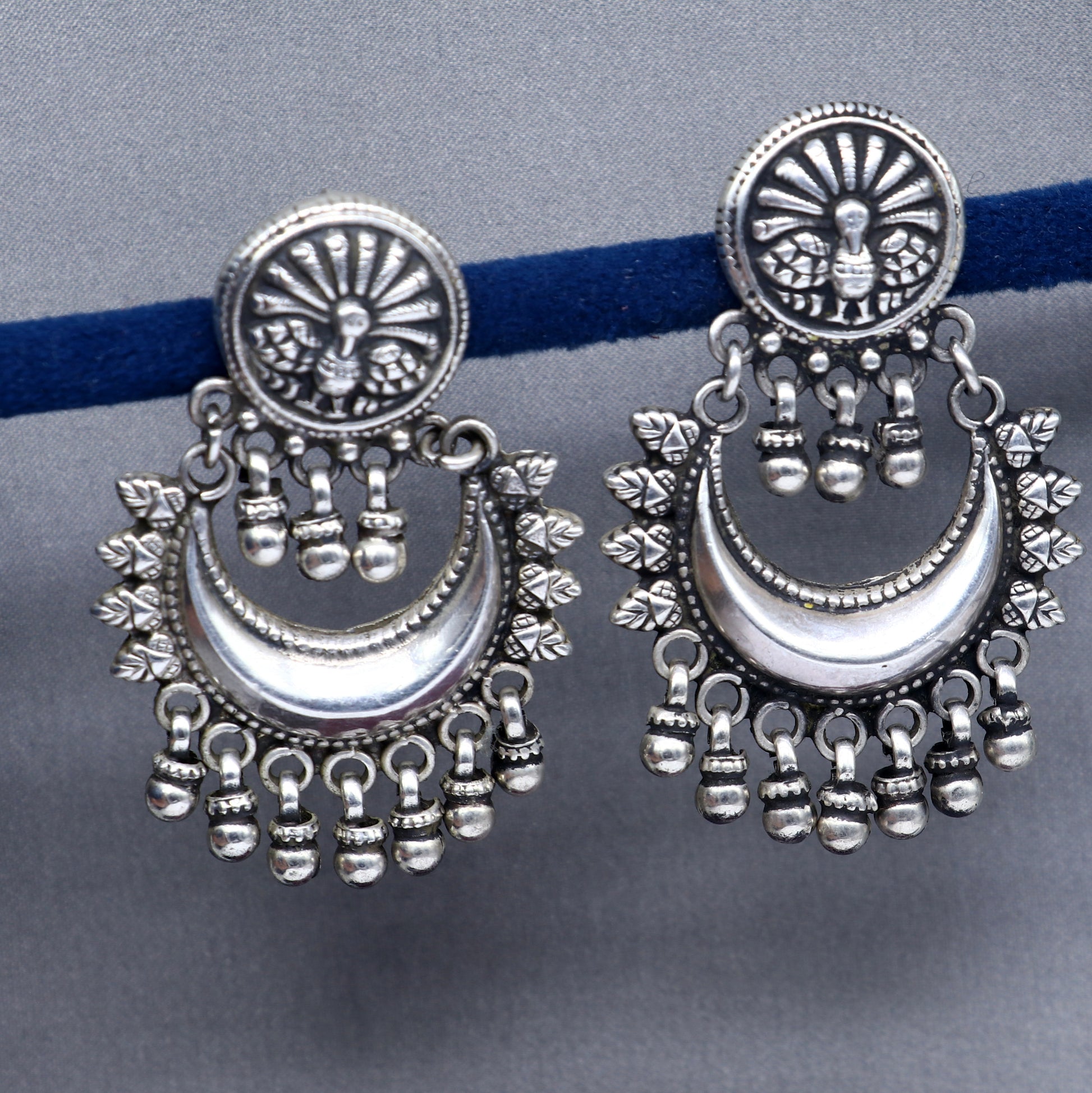 Oxidized 925 sterling silver tribal Earrings,half moon earrings, stud earring hanging bells, drop dangle jewelry wedding party jewelry s380 - TRIBAL ORNAMENTS