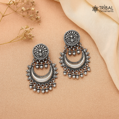 Oxidized 925 sterling silver tribal Earrings,half moon earrings, stud earring hanging bells, drop dangle jewelry wedding party jewelry s380 - TRIBAL ORNAMENTS