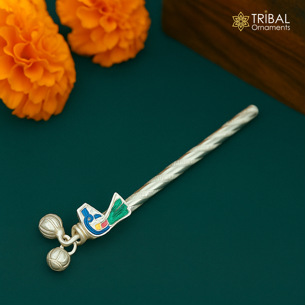 Peacock design Krishna Flute 925sterling silver handmade Krishna flute, silver Bansuri, Baby Gopala flute, little krishna flute puja art su578 - TRIBAL ORNAMENTS