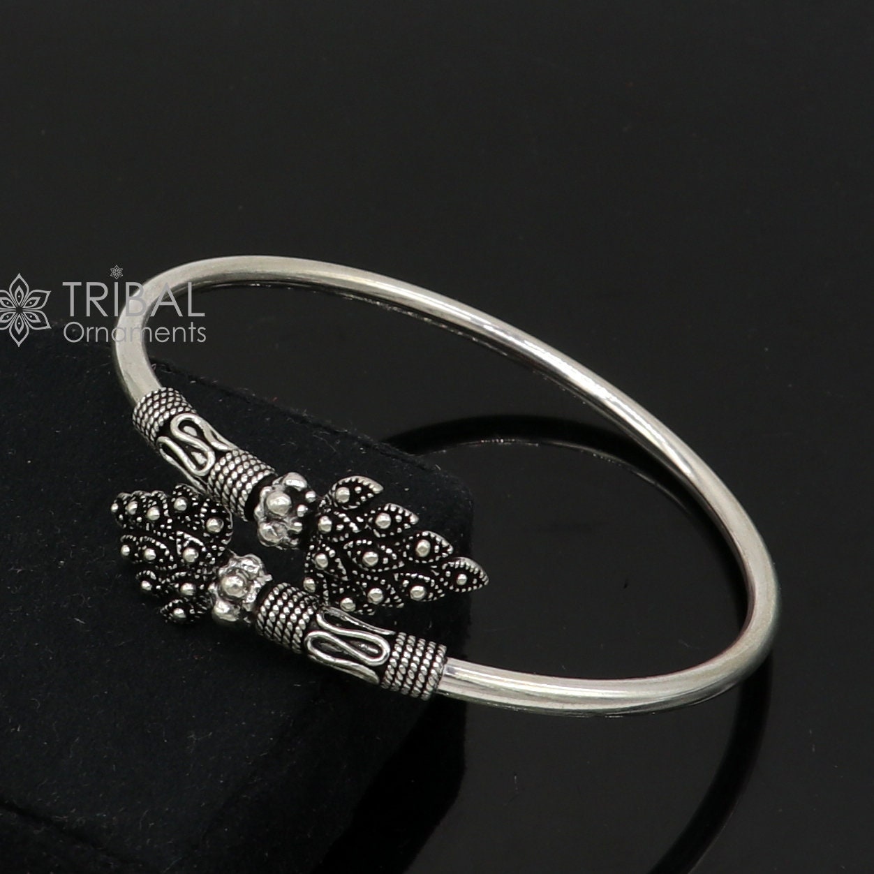 Peacock feather design 925 sterling silver cuff bracelet kada for girl's women's silver jewelry cuff238 - TRIBAL ORNAMENTS