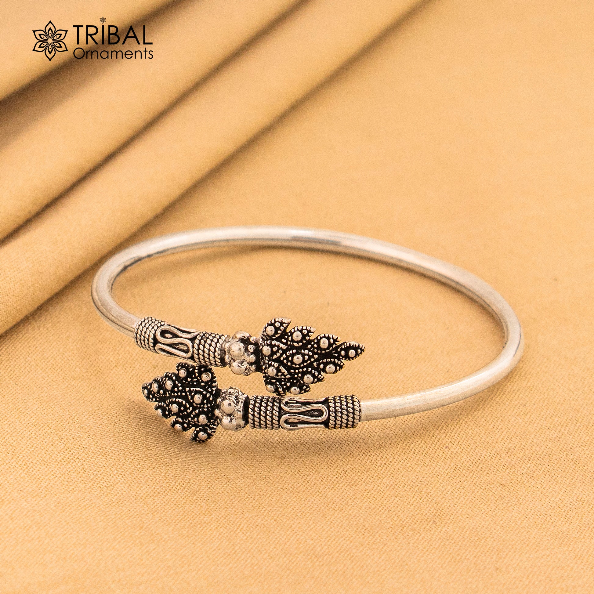 Peacock feather design 925 sterling silver cuff bracelet kada for girl's women's silver jewelry cuff238 - TRIBAL ORNAMENTS