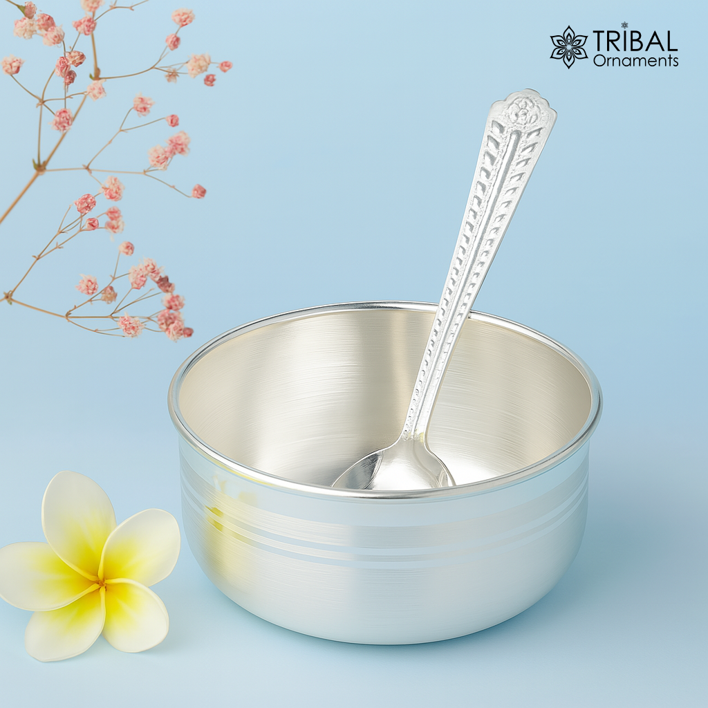 Plain 999 fine silver handmade solid bowl and spoon, silver baby utensils, stay healthy kids/baby for using silver vessels sv175 - TRIBAL ORNAMENTS