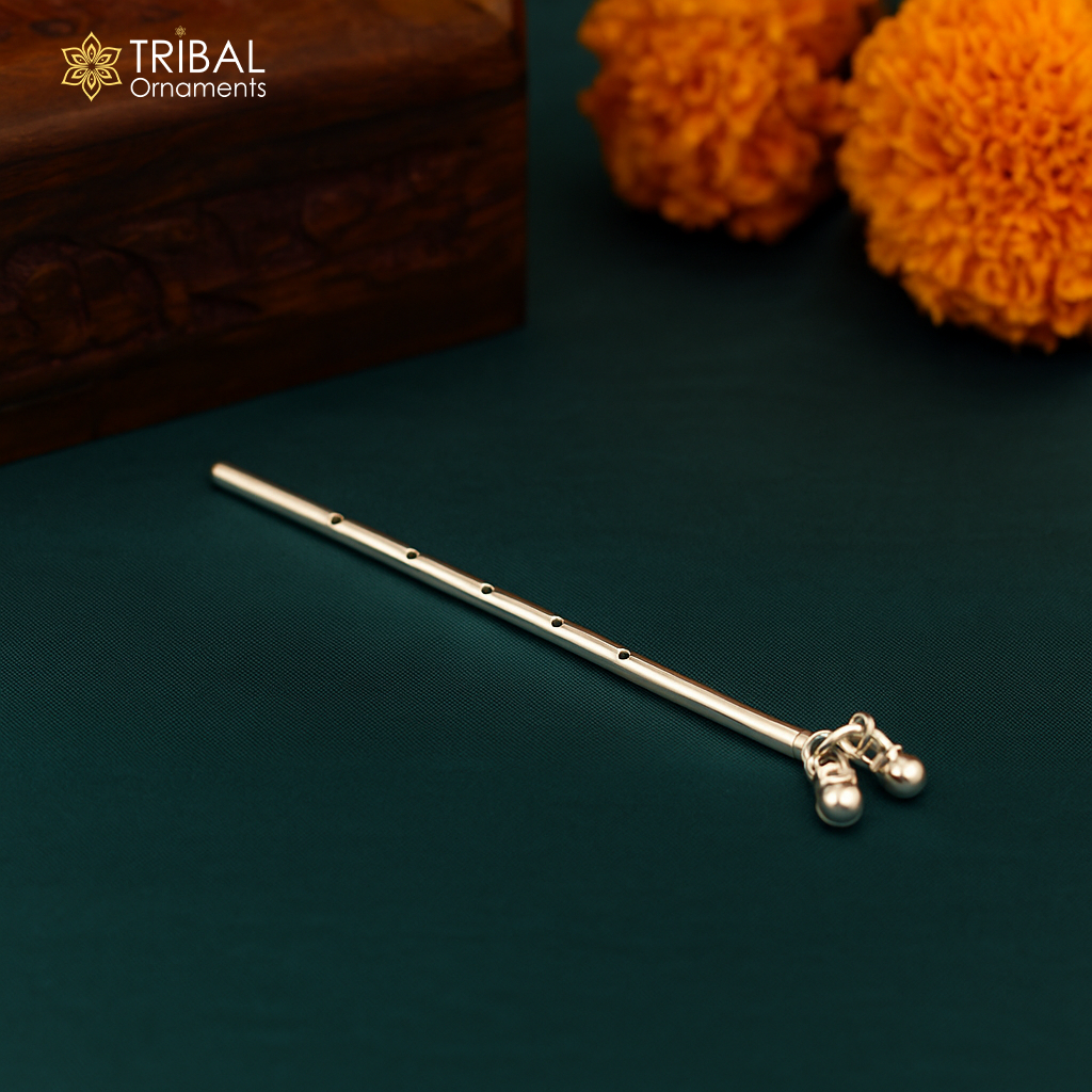 Plain krishna Flute 925sterling silver handmade krishna flute, silver bansuri, laddu gopala flute, little krishna flute puja art su577 - TRIBAL ORNAMENTS