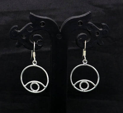 Sterling silver handmade circle hoop earring with drop dangle charm, trendy and plain design for girls and brides.
