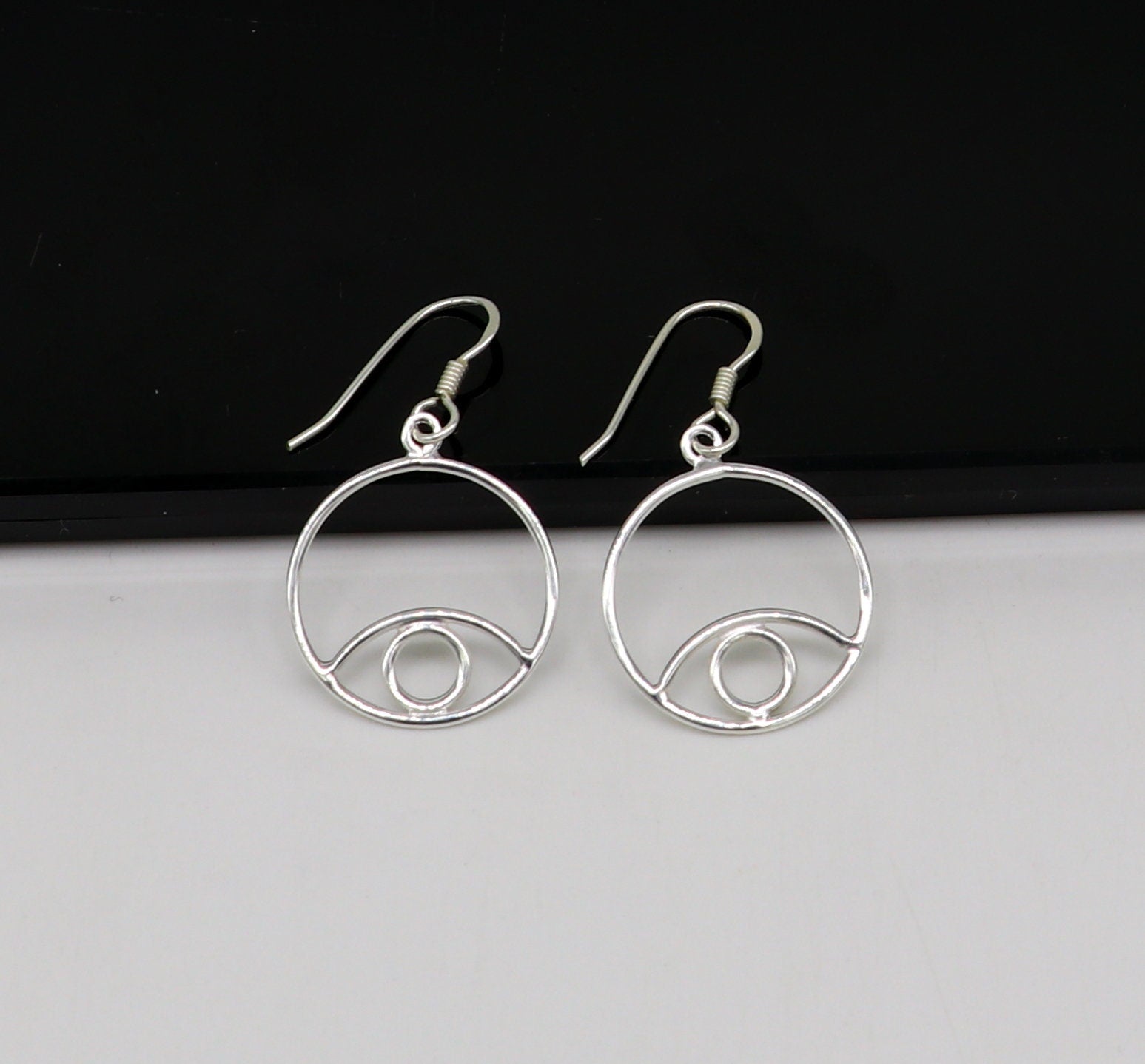 Pure 925 sterling silver handmade circle style designer plain trendy fancy hoop earring, drop dangle charm earring for girls, brides ear720 - TRIBAL ORNAMENTS