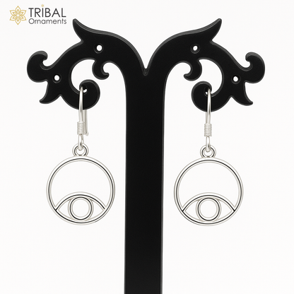 Sterling silver handmade circle hoop earring with drop dangle charm, designed for girls and brides, by TRIBAL ORNAMENTS.