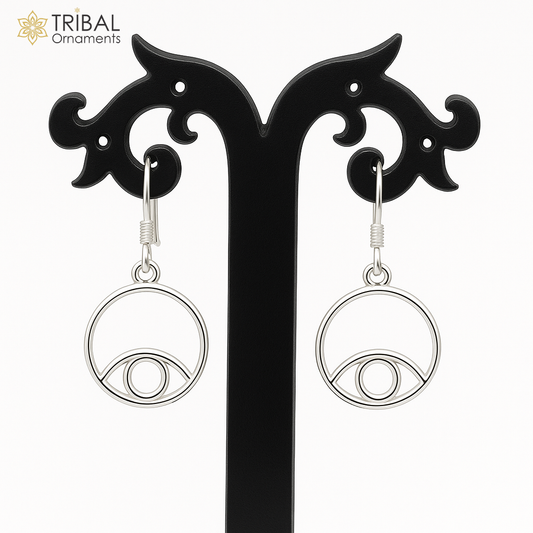Sterling silver handmade circle hoop earring with drop dangle charm, designed for girls and brides, by TRIBAL ORNAMENTS.
