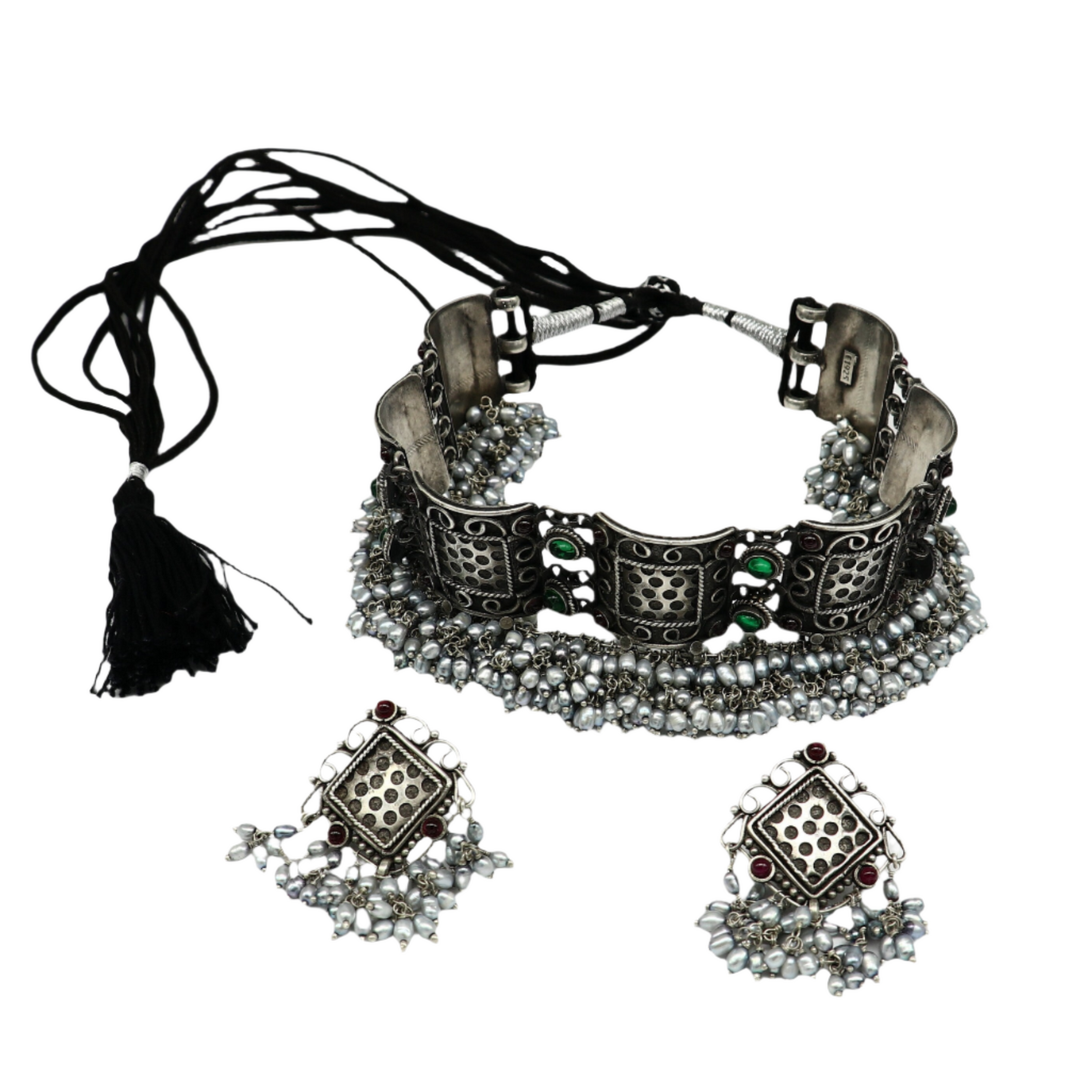 Pure 925 sterling silver handmade customized hanging pearl luxury necklace, best brides belly dance gifting Guttapusalu necklace set251 - TRIBAL ORNAMENTS