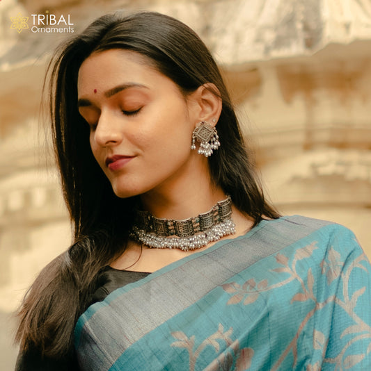 Pure 925 sterling silver handmade customized hanging pearl luxury necklace, best brides belly dance gifting Guttapusalu necklace set251 - TRIBAL ORNAMENTS