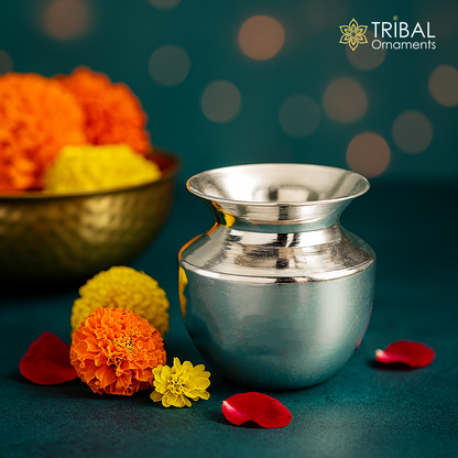 Small handmade pure 925 sterling silver Kalash pot, traditional silver puja article for water or milk, from India.