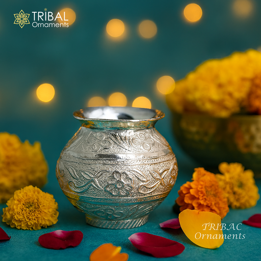 Pure 925 sterling silver handmade plain small Kalash or pot, unique special silver puja article, water or milk kalash pot india su825 - TRIBAL ORNAMENTS