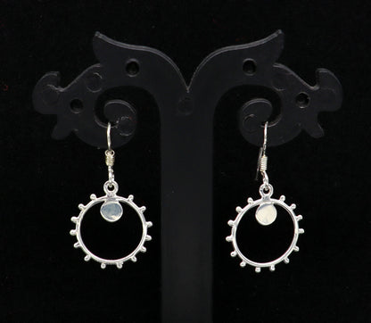 Sterling silver handmade trendy hoop earring with drop dangle charm, designed for girls and brides, by TRIBAL ORNAMENTS.