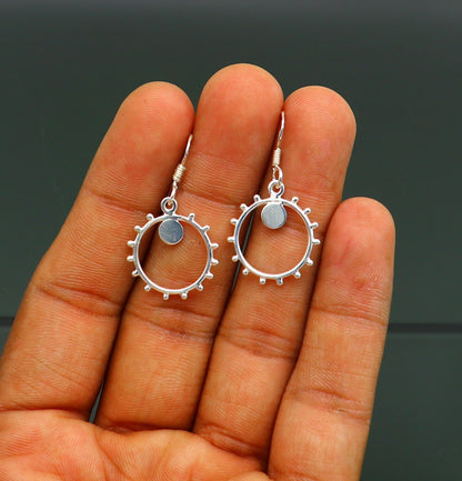 Sterling silver handmade trendy hoop earring with drop dangle charm, designed for girls and brides, by TRIBAL ORNAMENTS.