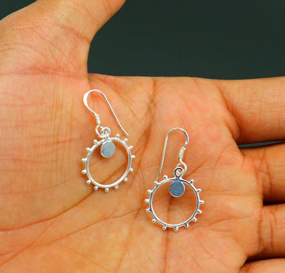 Sterling silver handmade hoop earring with unique trendy drop dangle design, for girls and brides by TRIBAL ORNAMENTS.