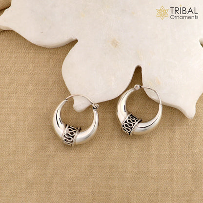 Pure 925 sterling silver handmade vintage ethnic style hoops earrings kundal,ethnic pretty bali tribal belly dance jewelry from india s591 - TRIBAL ORNAMENTS