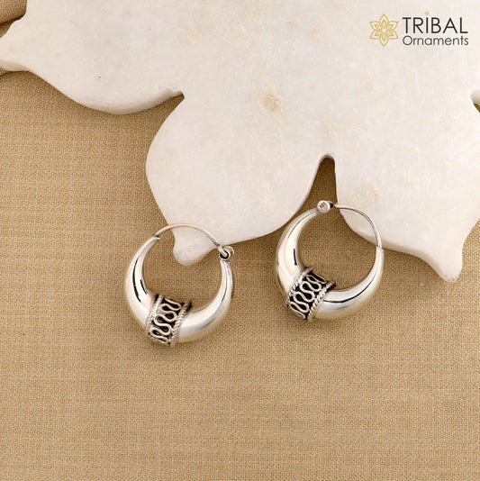 Pure 925 sterling silver handmade vintage ethnic style hoops earrings kundal,ethnic pretty bali tribal belly dance jewelry from india s591 - TRIBAL ORNAMENTS