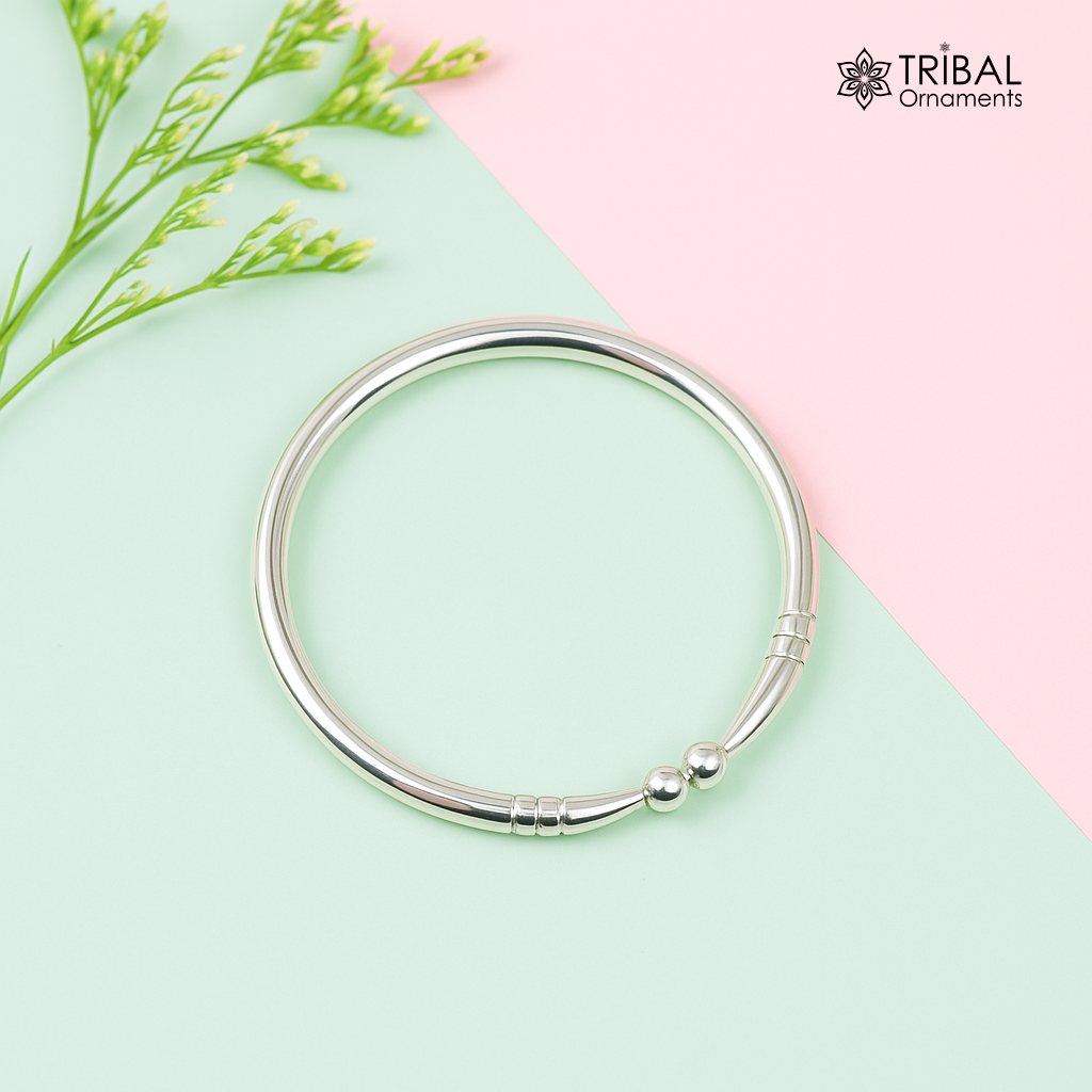 Pure 925 sterling silver solid plain shiny design new born baby bangle kada, baby bracelet kada, best gifting adjustable kada nbbk223 - TRIBAL ORNAMENTS