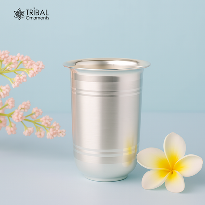 Pure 999 fine silver glass tumbler and silver flask with baby and kids utensils, handcrafted by TRIBAL ORNAMENTS for health and purity.