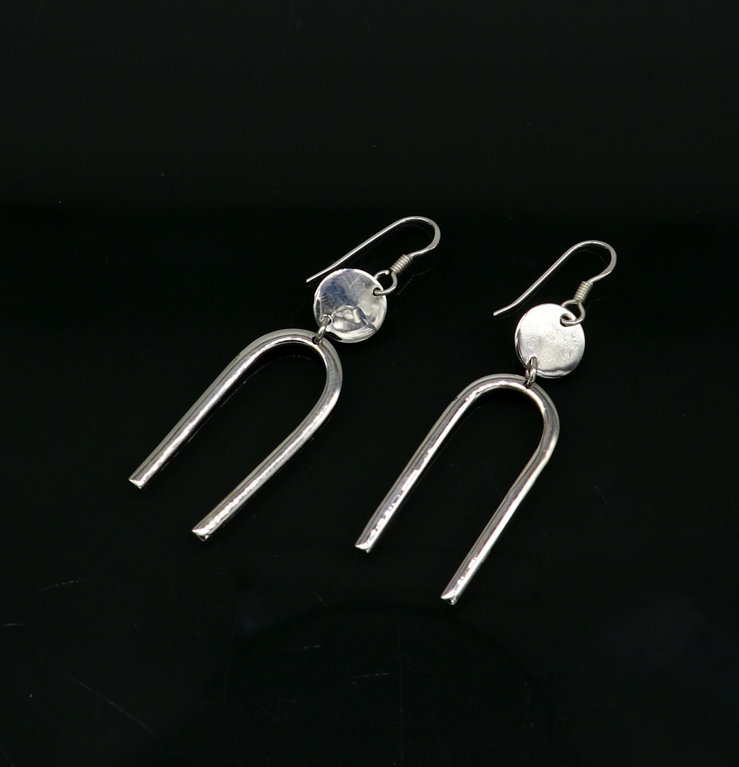 Sterling silver drop dangle hoops earrings from Tribal Ornaments, shiny, plain design, perfect for brides or gifting from India.