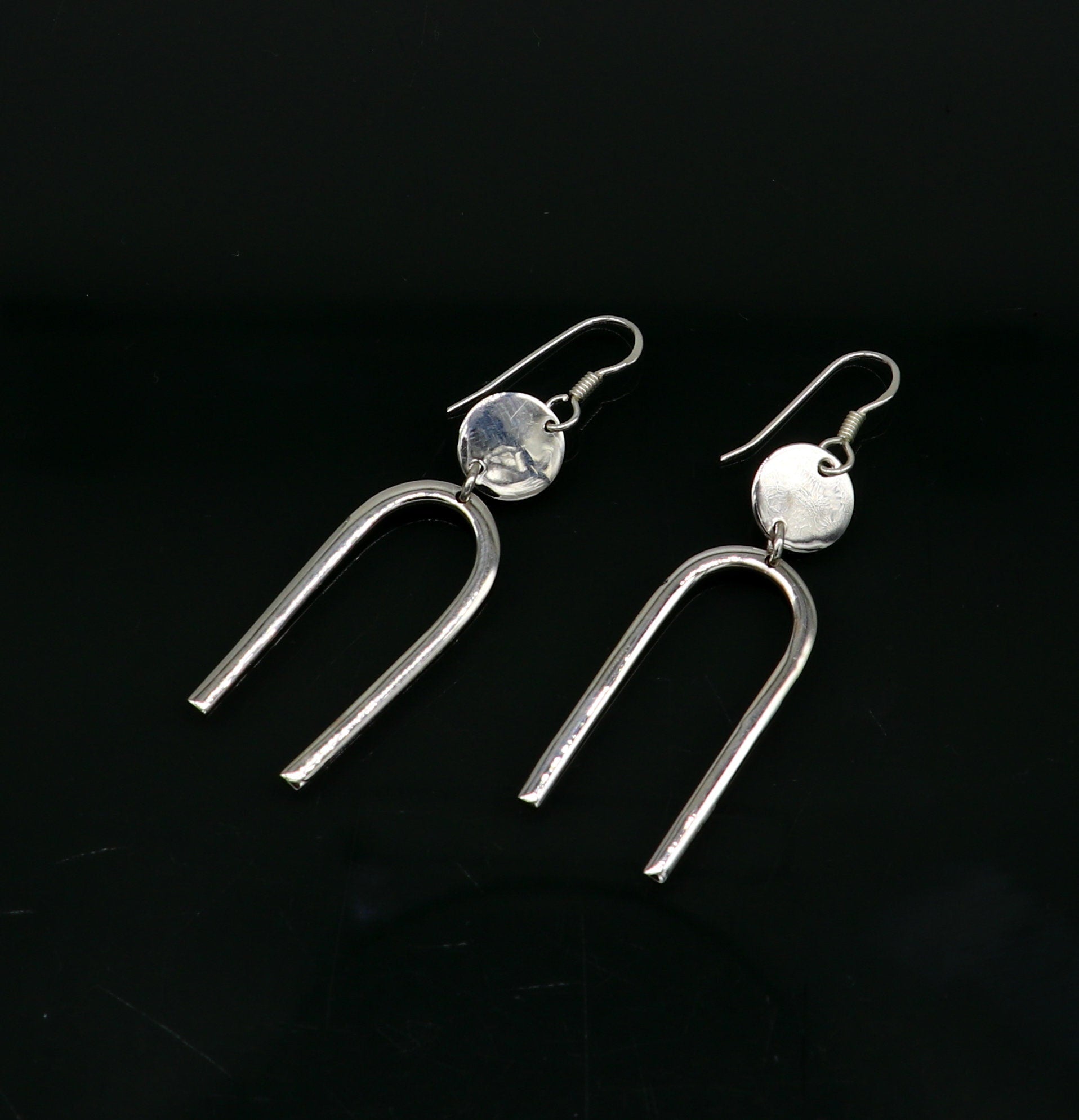 Sterling silver drop dangle hoops earrings from Tribal Ornaments, shiny, plain design, perfect for brides or gifting from India.