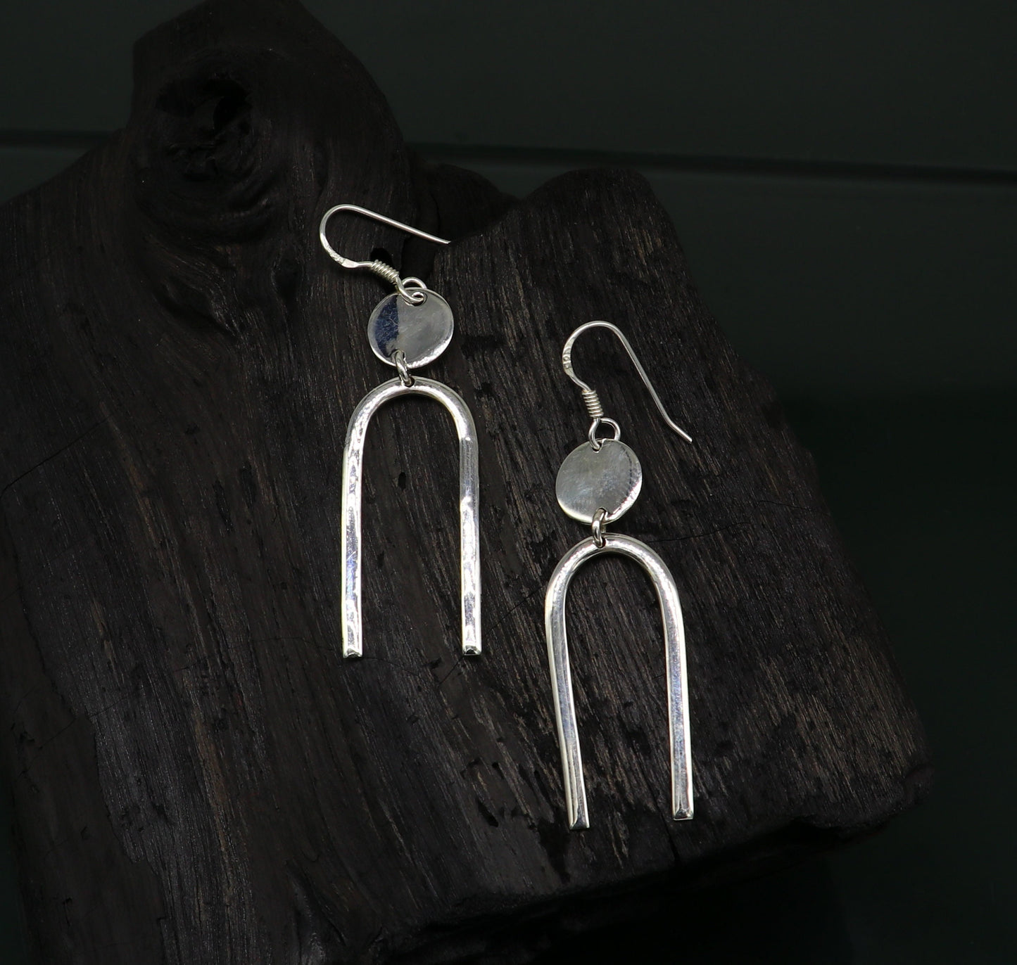 Sterling silver drop dangle hoop earrings from TRIBAL ORNAMENTS, shiny and plain, perfect for brides or gifting from India.