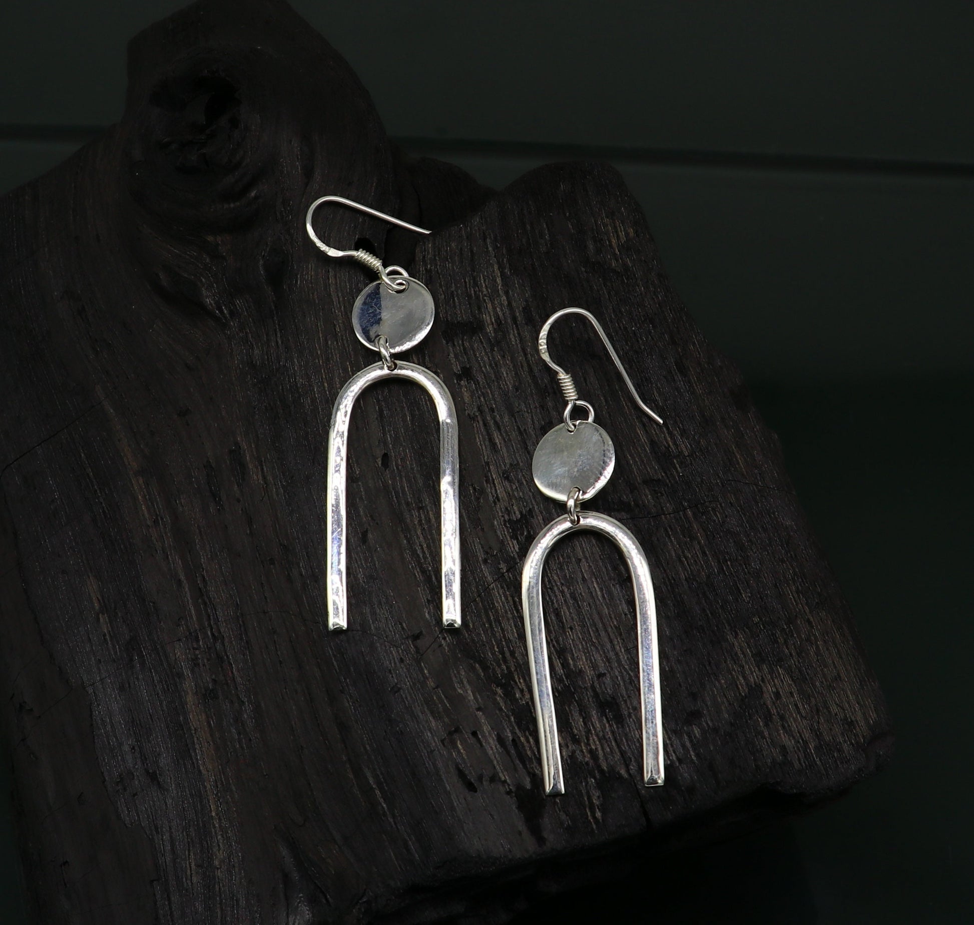 Sterling silver drop dangle hoop earrings from TRIBAL ORNAMENTS, shiny and plain, perfect for brides or gifting from India.
