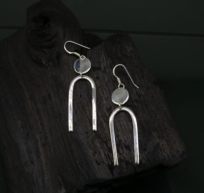 Sterling silver drop dangle hoop earrings from TRIBAL ORNAMENTS, shiny and plain, perfect for brides or gifting from India.